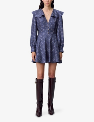 Claudie Pierlot Womens Dark Print Geo-print V-neck Silk Mini Dress In Blue