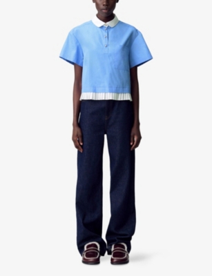 Claudie Pierlot Womens Myosotis Peter-pan Collar Pleated Cotton Top In Blue