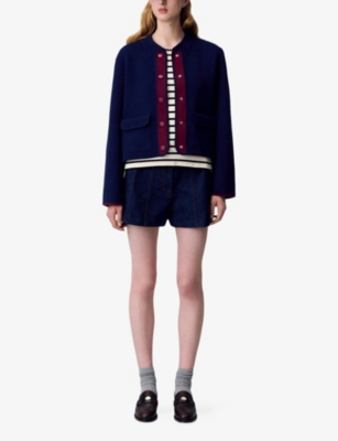 Claudie Pierlot Womens Black Contrast-trim Ribbed Knitted Cardigan In Blue