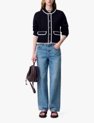 Claudie Pierlot Womens Dual-color Contrast-trim Ribbed Knitted Cardigan In Black