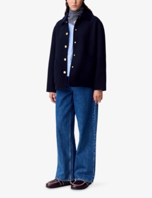 Claudie Pierlot Womens Navy Cropped Side-pocket Wool-blend Coat In Black
