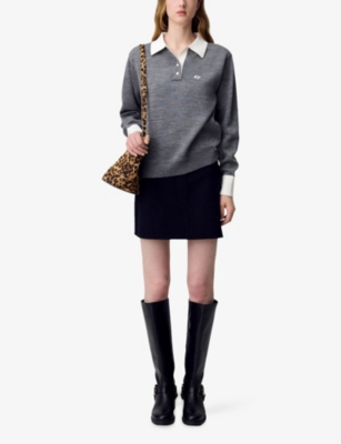 Claudie Pierlot Womens Anthracite Logo-embroidered Long-sleeve Wool-blend Polo In Gray