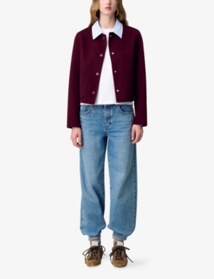 Claudie Pierlot Womens Burgundy Contrast-collar Cropped Wool Jacket In Burgundy