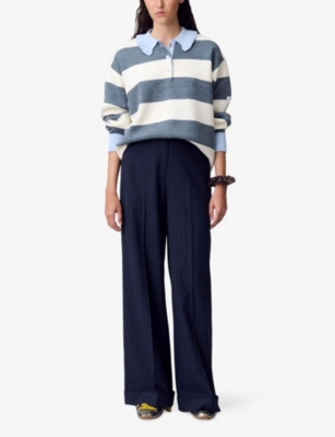 Claudie Pierlot Womens Dual-color Striped Frill-collar Knitted Jumper Xs In Multi
