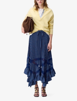 Claudie Pierlot Womens Dark Print Pleated Tile-print Woven Maxi Skirt In Blue