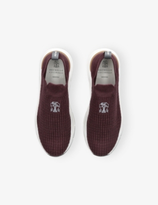 Brunello Cucinelli Cotton Knitted Slip-on Sneakers In Burgundy
