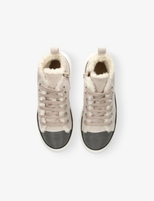 BRUNELLO CUCINELLI: Kids’ Bead-Embellished Suede and Shearling High-Top Trainers