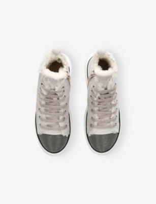Brunello Cucinelli Taupe Kids' Shearling-lined Suede High-top Trainers Eur 36 /3.5 Uk In Brown