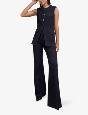 Reiss Womens Dark Blue Athena Round-neck Long-line Stretch-denim Waistcoat In Blue