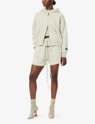 Essentials Womens Drawstring Brand-patch Cotton-jersey Shorts Heather Stone In Neutral