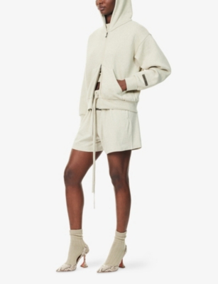Essentials Womens Embossed-branding Classic-fit Cotton-blend Hoody Heather Stone In Neutral