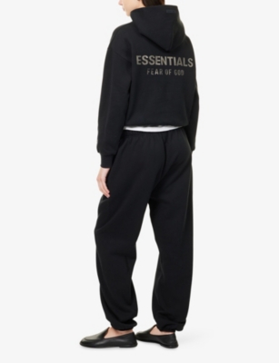 Essentials Womens Jet Black Embossed-branding Classic-fit Cotton-blend Hoody In Black