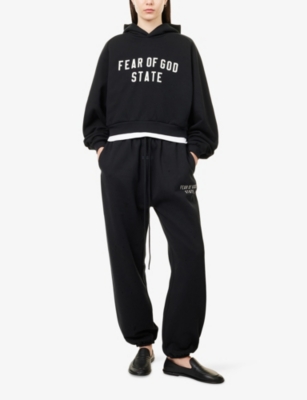 Essentials Womens Jet Black Brand-patch Raglan-sleeves Cotton-blend Hoody Xs In Black
