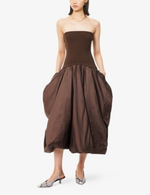 SIMKHAI: Izzy Pouf-Skirt Knitted And Woven Midi Dress