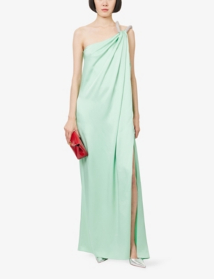 Stella Mccartney Womens Light Mint Crystal-embellished One-shoulder Woven Maxi Dress In Green