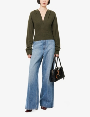 Stella Mccartney Womens Dark Khaki Hooded Cropped Wool Hoody In Brown