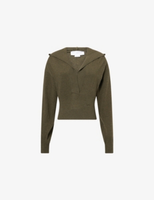 Stella Mccartney Womens Dark Khaki Hooded Cropped Wool Hoody In Brown