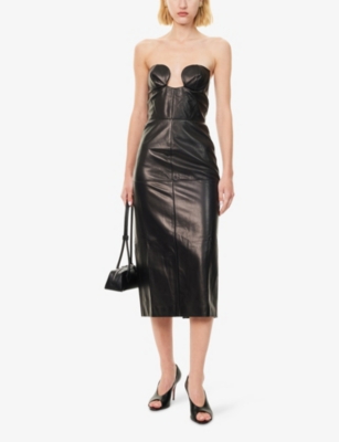 NENSI DOJAKA: Strapless Corset Leather Midi Dress