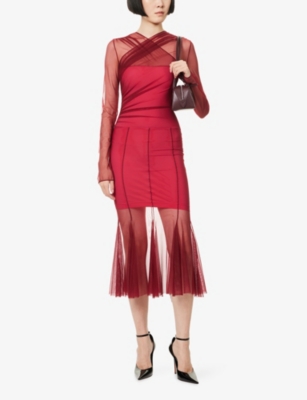 NENSI DOJAKA: Long-Sleeve Gathered Mesh Woven Midi Dress