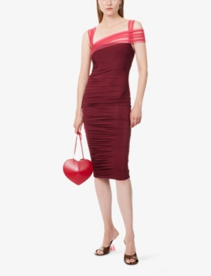 Nensi Dojaka Womens Burgundy Fuchsia Ruched Square-neck Stretch-woven Midi Dress In Multi