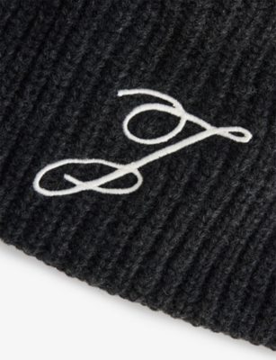 Jacquemus Mens Dark Grey Espiral Ribbed Wool Beanie In Black