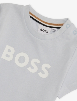 Hugo Boss Pale Blue Crewneck Logo-print Cotton T-shirt 6 Months - 3 Year In Gray