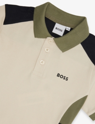 Hugo Boss Sand Brand-print Panels Cotton-piqué Polo Shirt 4-12 In Gray