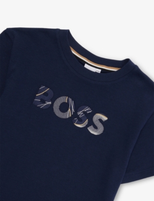 Hugo Boss Navy Brand-embroidery Cotton-knit T-shirt 4-16 In Blue