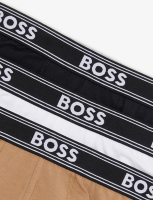 Hugo Boss Logo-waistband Pack Of Three Stretch-cotton Boxer Trunks 4-16 In Brown
