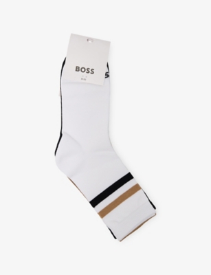 Hugo Boss Black Striped And Brand-intarsia Pack Of Three Stretch Cotton-blend Socks 4-12 Years Eur 35 / 2.5 Uk In White