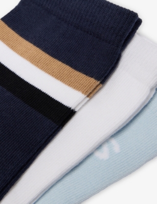 Hugo Boss White Striped And Brand-intarsia Pack Of Three Stretch Cotton-blend Socks 4-12 Years Eur 35 / 2.5 Uk In Black