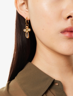 TEA & TEQUILA: Cross Pearl-Embellished 11ct Gold Plated Sterling-Silver Hoop Earrings