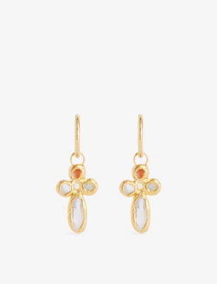 TEA & TEQUILA: Cross Pearl-Embellished 11ct Gold Plated Sterling-Silver Hoop Earrings