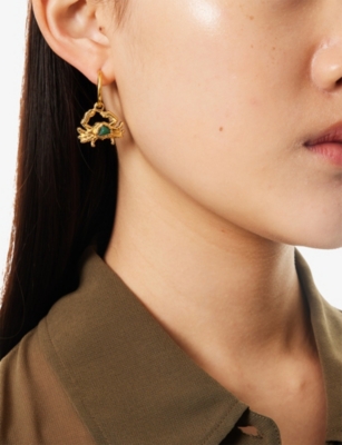 Tea & Tequila Womens Gold And Green Gemstone Crab 22ct Gold Plated Brass Hoop Earrings
