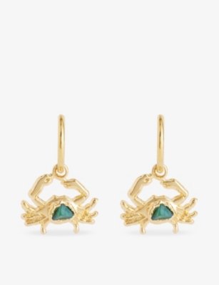 Tea & Tequila Womens Gold And Green Gemstone Crab 22ct Gold Plated Brass Hoop Earrings