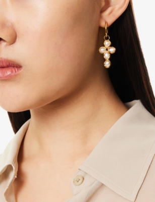 Tea & Tequila Womens Gold And White Cross 22ct Yellow Gold-plated Brass And Gemstone Earrings