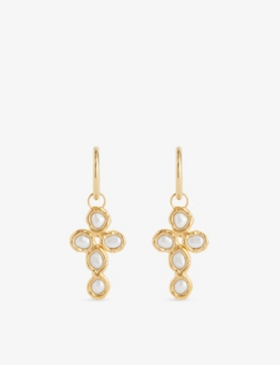 Tea & Tequila Womens Gold And White Cross 22ct Yellow Gold-plated Brass And Gemstone Earrings