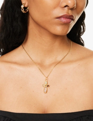 TEA & TEQUILA: Small Cross 22ct Yellow Gold-Plated Brass And Gemstone Pendant Necklace