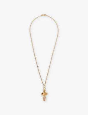 TEA & TEQUILA: Small Cross 22ct Yellow Gold-Plated Brass And Gemstone Pendant Necklace