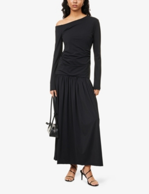 Rohe Frames Womens Black Asymmetric Ruched Stretch-jersey Midi Dress In Black