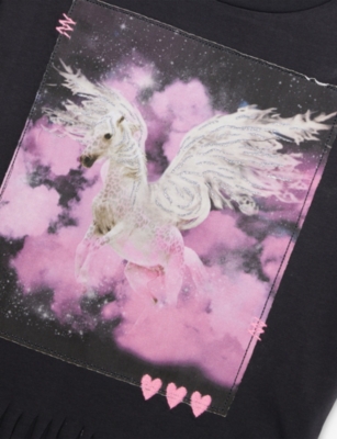 Billie Blush Dark Grey Unicorn Fringed Cotton-jersey T-shirt 8-12 In Gray