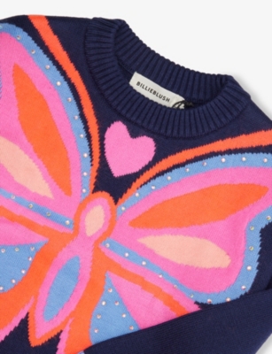 Billie Blush Navy Butterfly Diamanté-embellished Cotton-blend Jumper 2- In Multi
