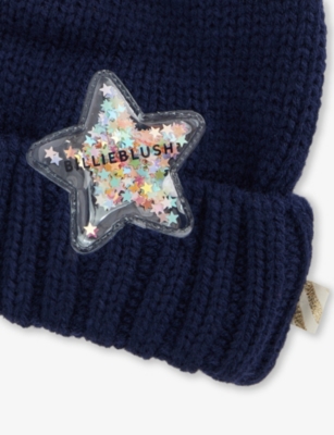 Billie Blush Navy Sequin-embellished Knitted Beanie Hat In Blue