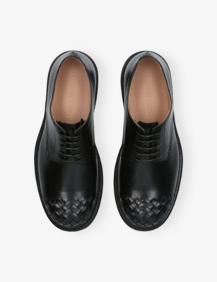 Bottega Veneta Mens Black James Intrecciato Leather Derby Shoes Eur 43 / 9 Uk In Black