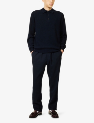 Sunspel Mens Navy Drawstring Wool Trousers In Blue