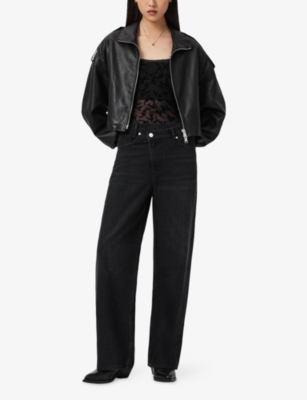 Allsaints Womens Black Charli Logo-strap Stretch-woven Bodysuit In Black