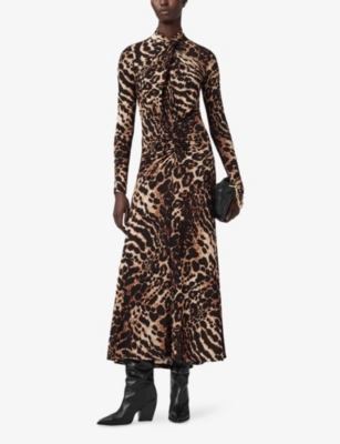 ALLSAINTS: Mina Leopard-Print Ruched-Front Stretch-Jersey Midi Dress