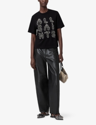 Allsaints Womens Black Ella Lisa Logo-embellished Cotton T-shirt Xs In Black