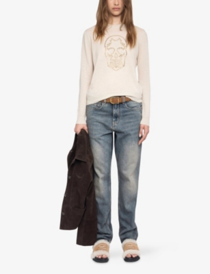 Zadig & Voltaire Womens Ecru Miss Round-neck Skull-embellished Cashmere Jumper In Neutral