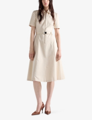 Prada Womens Neutral Logo-belt A-line Cotton Chino Midi Dress In White